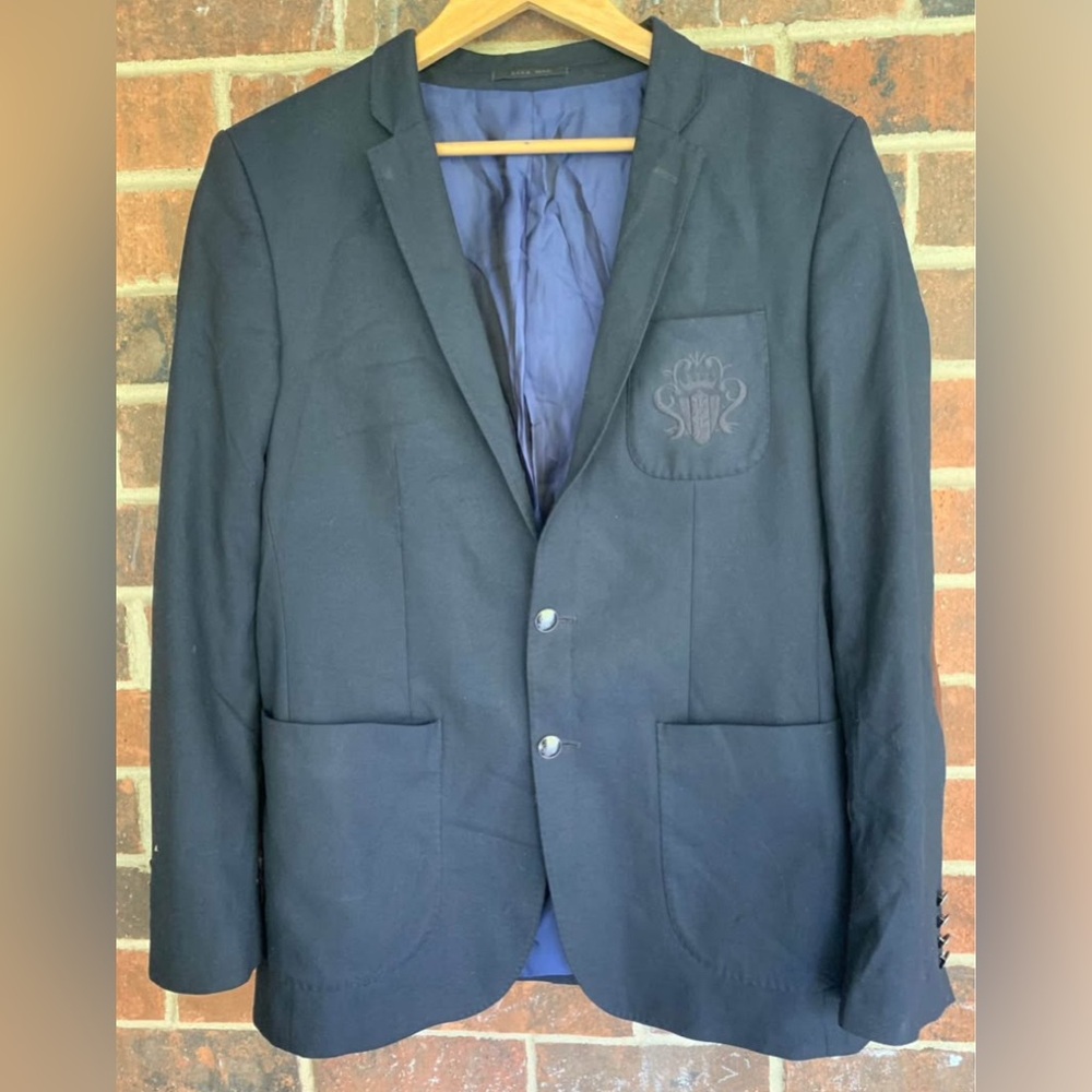 Zara Men's Black Blazer Brown Elbow Patches Single-Breasted Size L